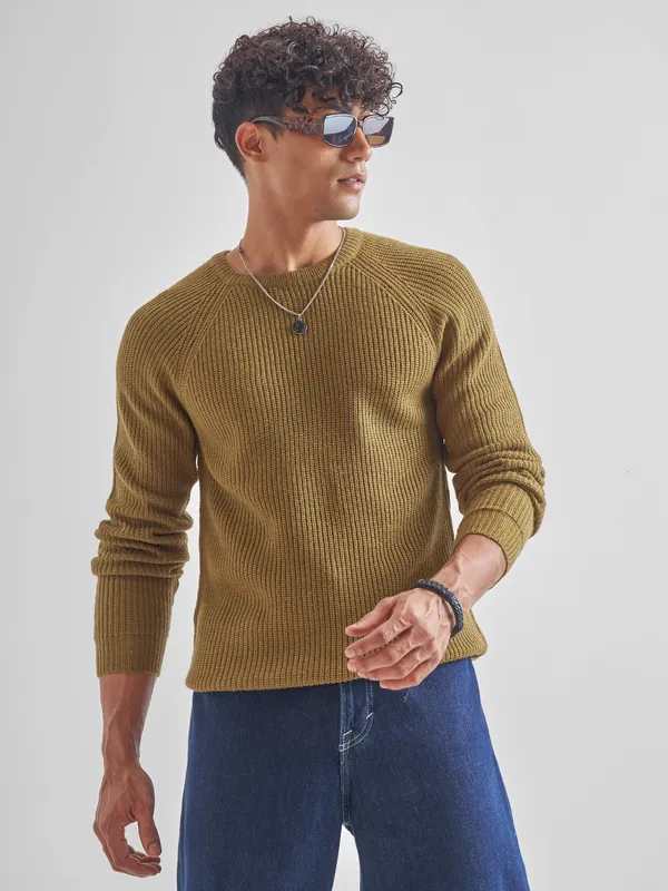 Highlander Men Mustard Round Neck Pullover Sweater