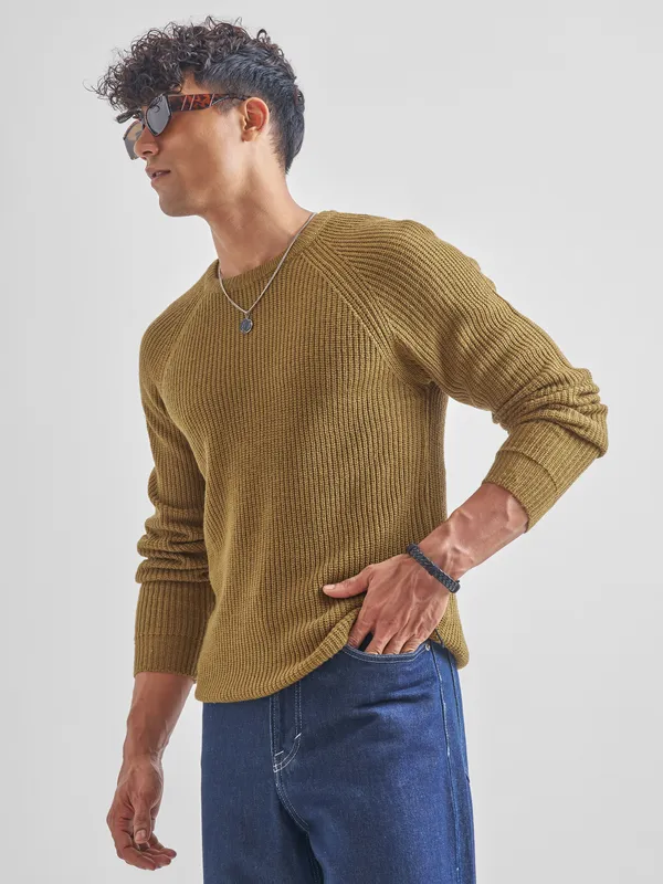 Highlander Men Mustard Round Neck Pullover Sweater