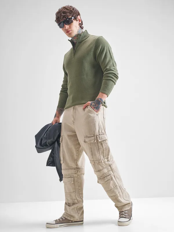 Highlander Men Green Mock Collar Pullover Sweater