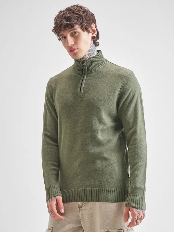 Highlander Men Green Mock Collar Pullover Sweater