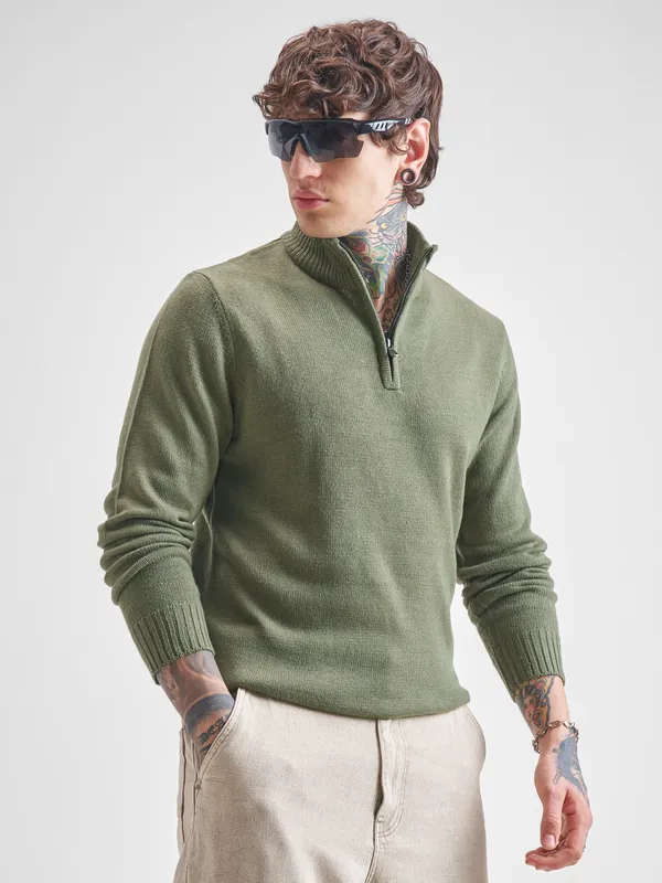 Highlander Men Green Mock Collar Pullover Sweater