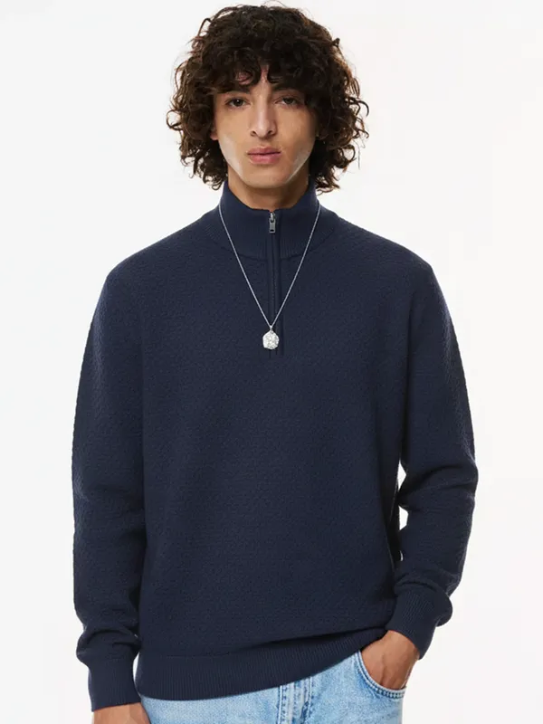 Highlander Men Navy Blue Mock Collar Pullover Sweater
