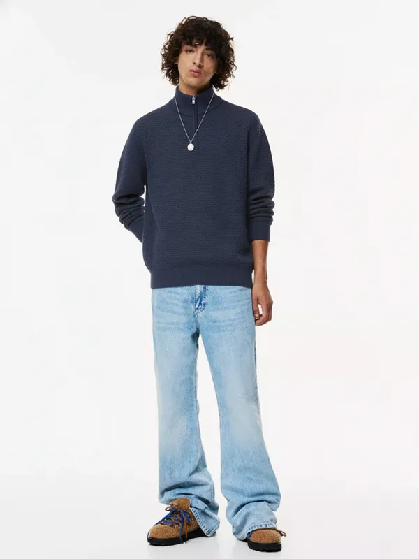 Highlander Men Navy Blue Mock Collar Pullover Sweater