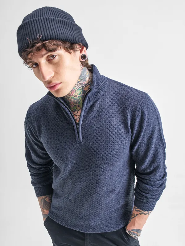 Highlander Men Navy Blue Mock Collar Pullover Sweater