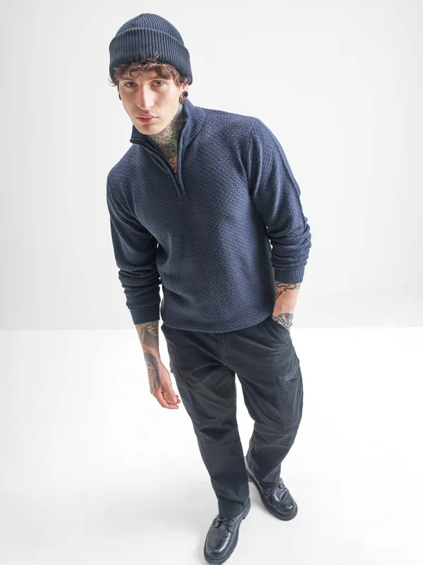 Highlander Men Navy Blue Mock Collar Pullover Sweater