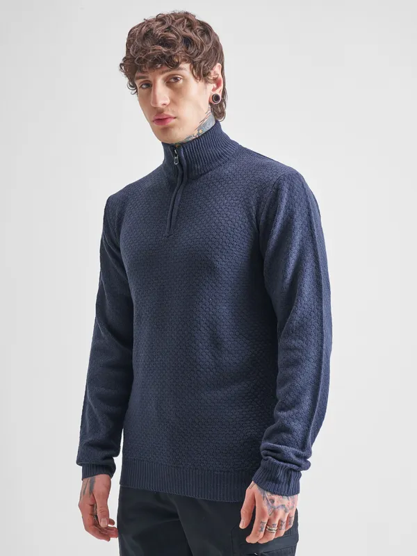 Highlander Men Navy Blue Mock Collar Pullover Sweater