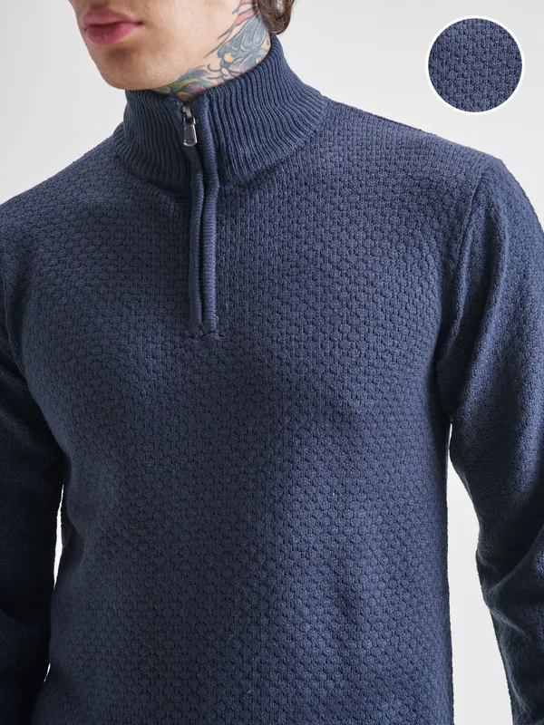 Highlander Men Navy Blue Mock Collar Pullover Sweater