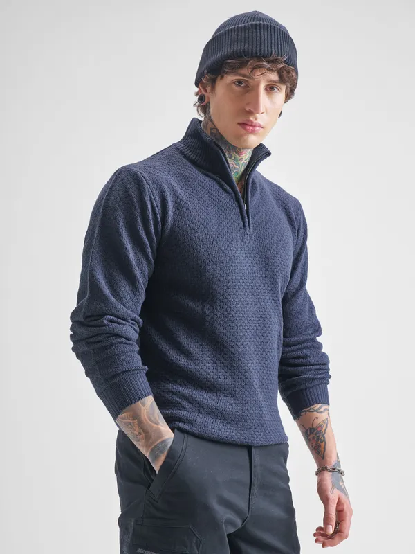 Highlander Men Navy Blue Mock Collar Pullover Sweater