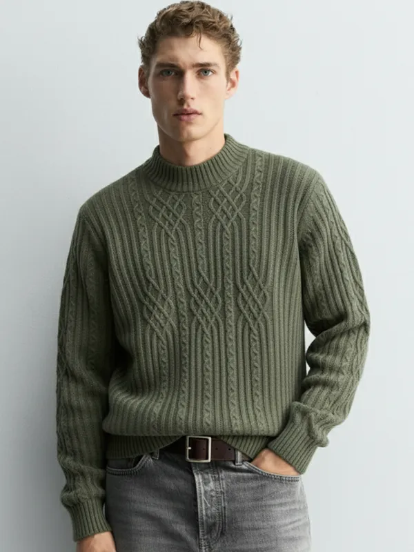 Highlander Men Green Mock Collar Pullover Sweater