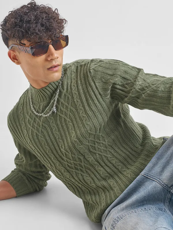 Highlander Men Green Mock Collar Pullover Sweater