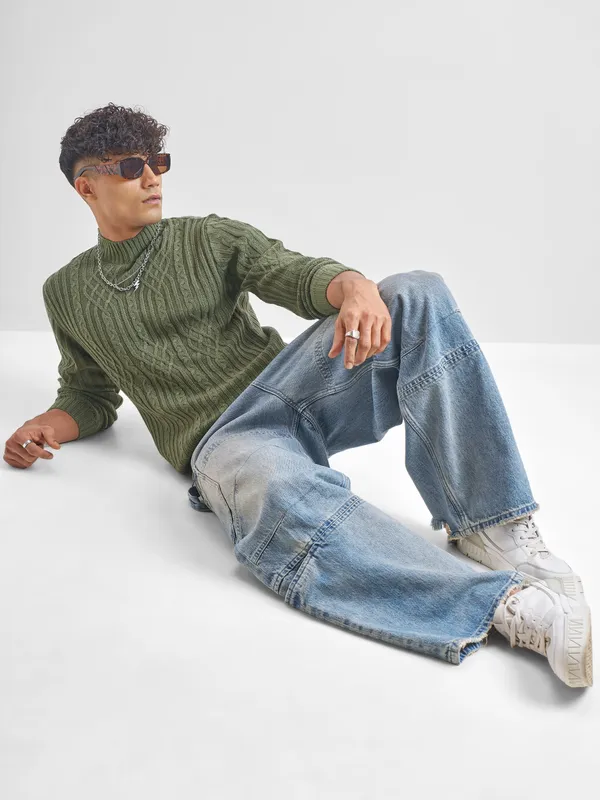 Highlander Men Green Mock Collar Pullover Sweater