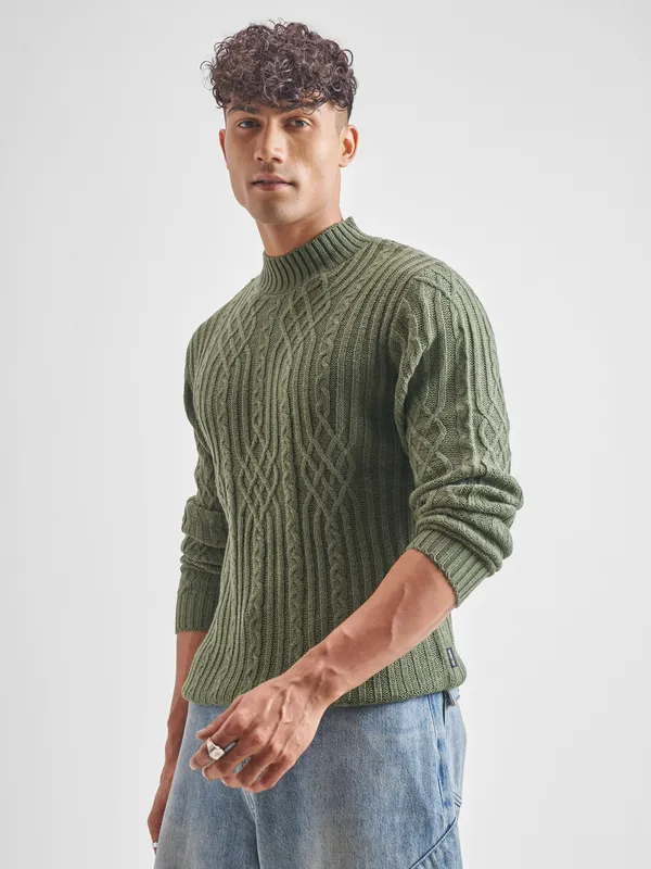 Highlander Men Green Mock Collar Pullover Sweater