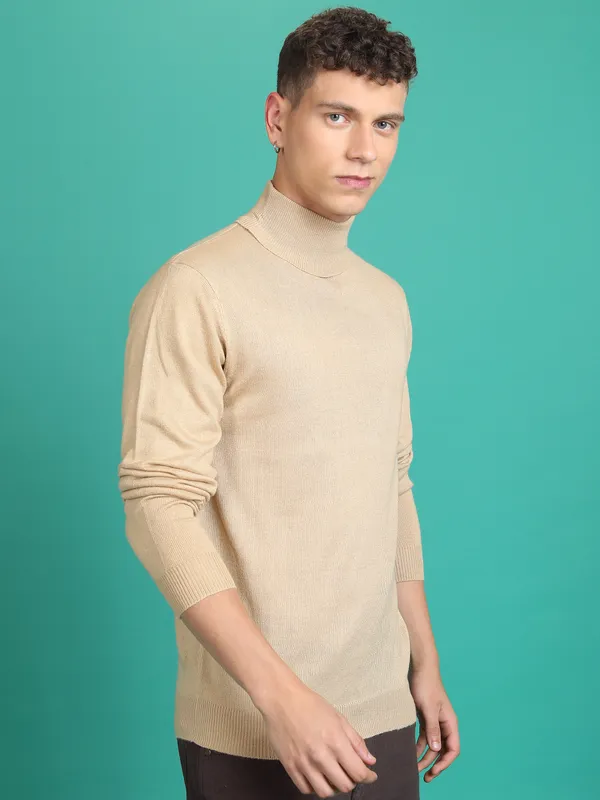 Highlander Men Beige Turtle Neck Pullover Sweater