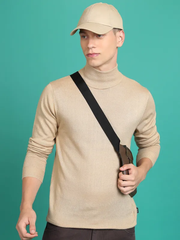 Highlander Men Beige Turtle Neck Pullover Sweater