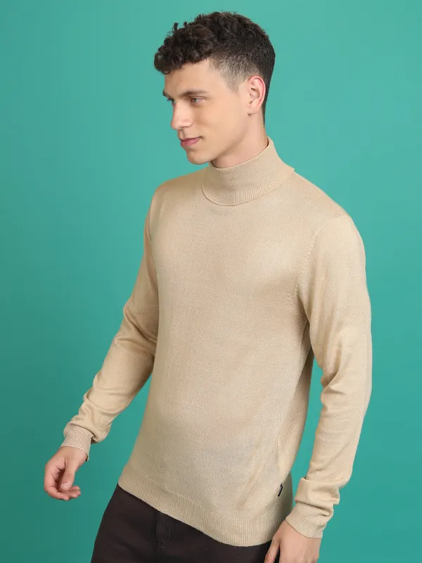 Highlander Men Beige Turtle Neck Pullover Sweater