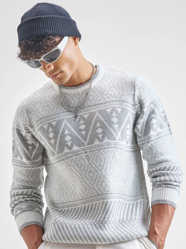 Highlander Men White Round Neck Pullover Sweater