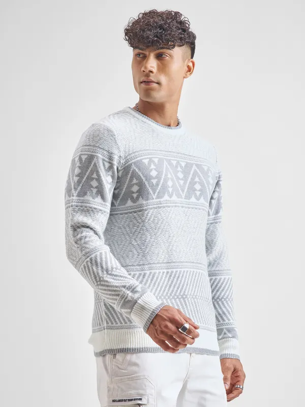 Highlander Men White Round Neck Pullover Sweater