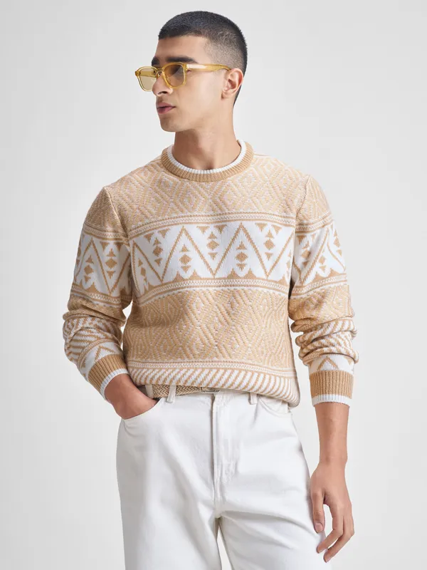 Highlander Men Beige Round Neck Pullover Sweater