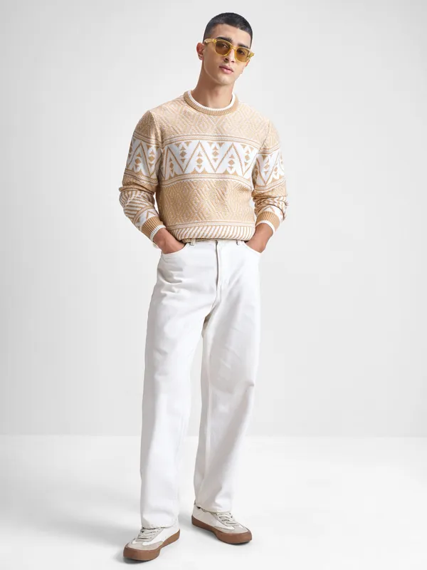 Highlander Men Beige Round Neck Pullover Sweater