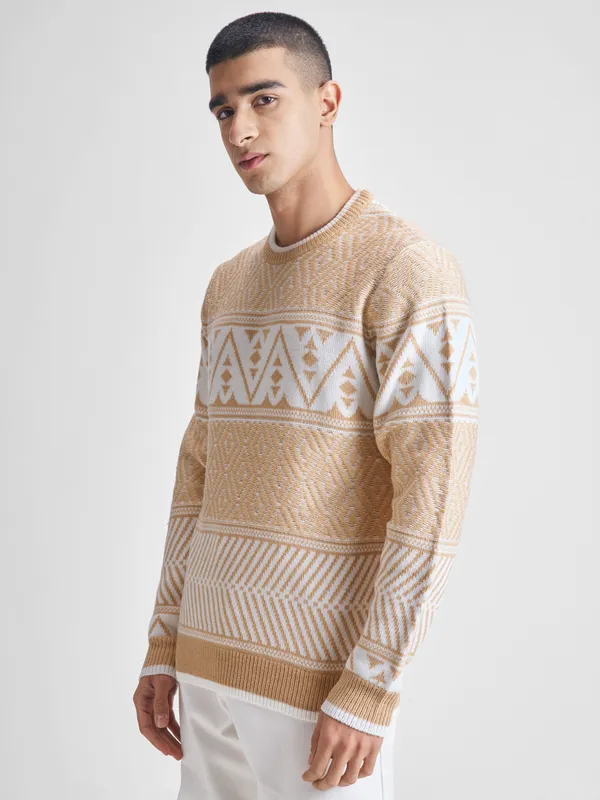 Highlander Men Beige Round Neck Pullover Sweater