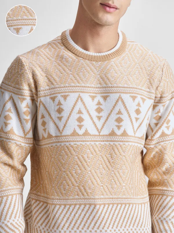 Highlander Men Beige Round Neck Pullover Sweater