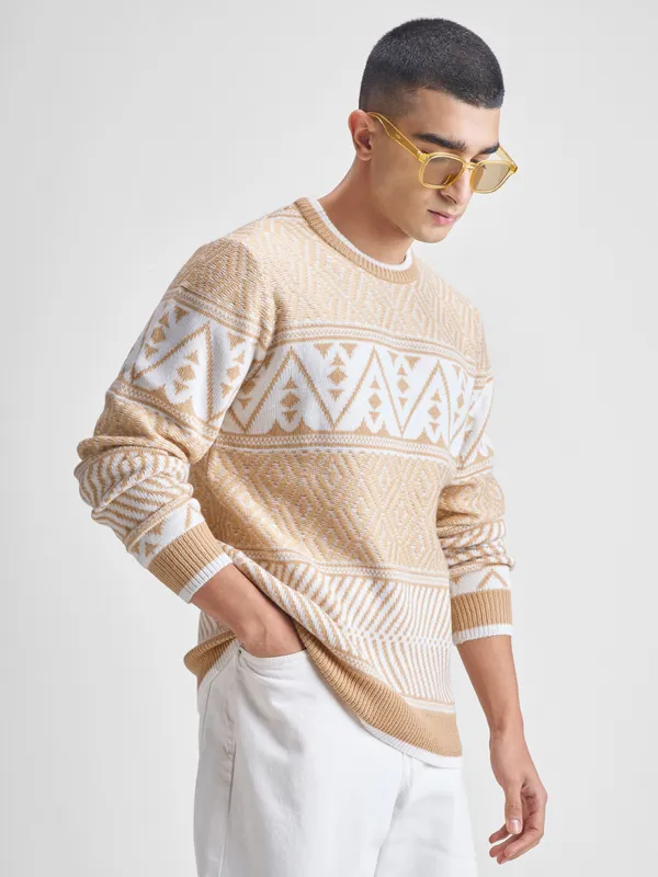 Highlander Men Beige Round Neck Pullover Sweater