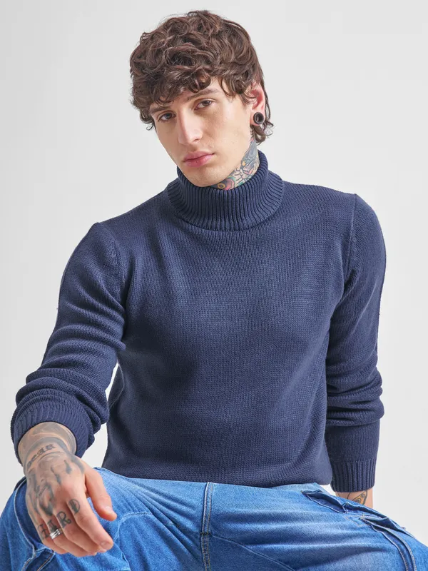 Highlander Men Navy Blue Turtle Neck Pullover Sweater