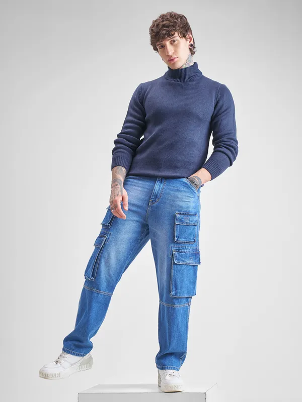 Highlander Men Navy Blue Turtle Neck Pullover Sweater