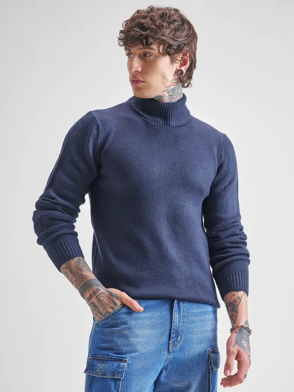 Highlander Men Navy Blue Turtle Neck Pullover Sweater