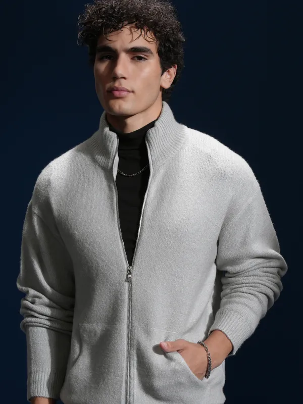 Highlander Men Grey High Neck Front-Open Sweater