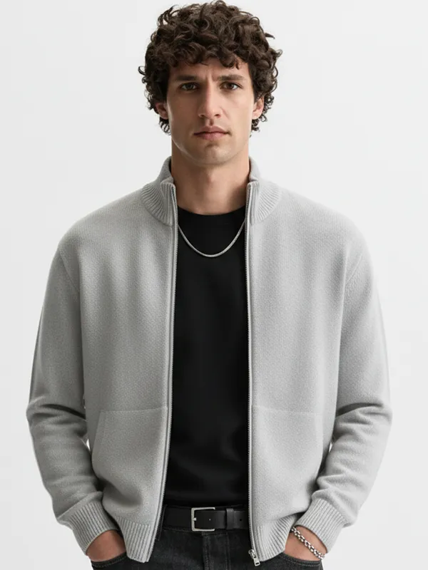 Highlander Men Grey Mock Collar Front-Open Sweater