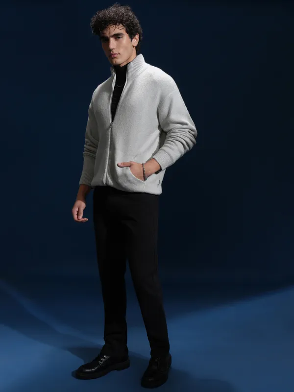 Highlander Men Grey High Neck Front-Open Sweater