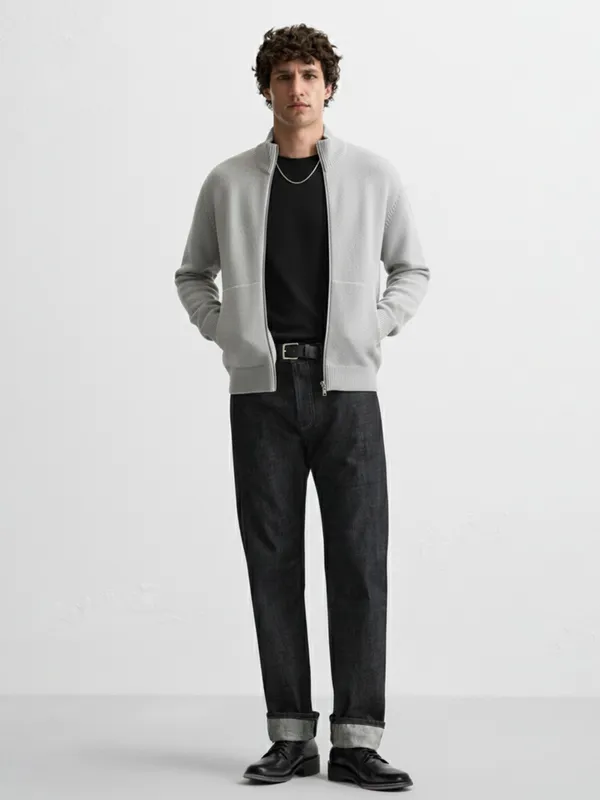 Highlander Men Grey Mock Collar Front-Open Sweater