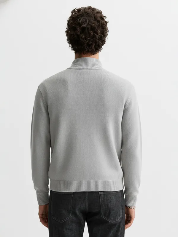 Highlander Men Grey Mock Collar Front-Open Sweater