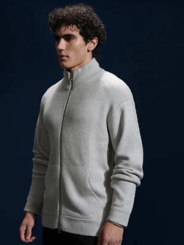Highlander Men Grey High Neck Front-Open Sweater