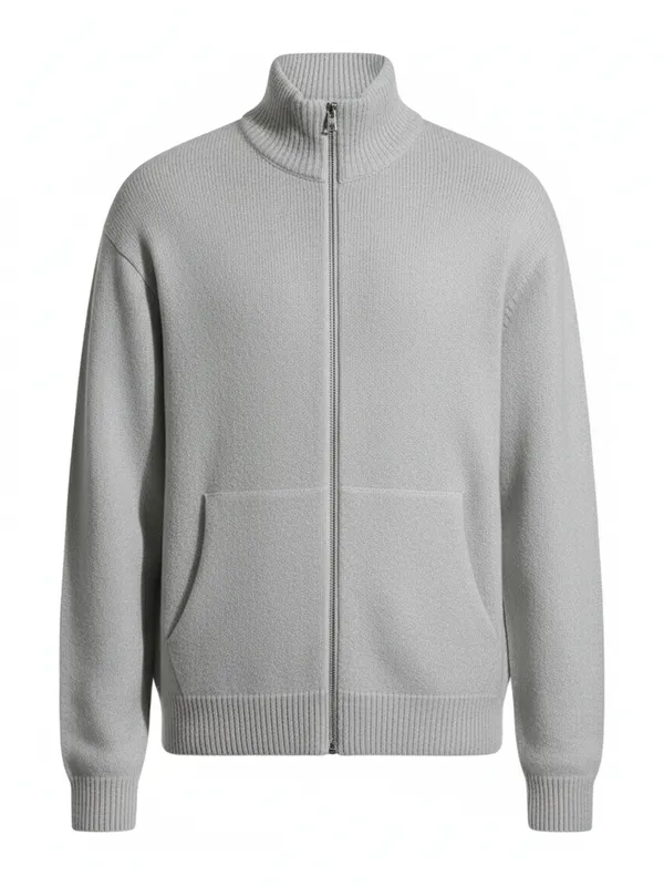 Highlander Men Grey Mock Collar Front-Open Sweater