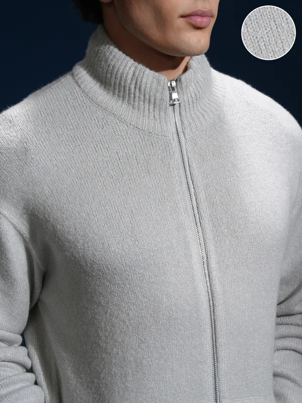 Highlander Men Grey High Neck Front-Open Sweater