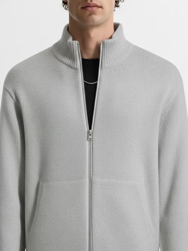 Highlander Men Grey Mock Collar Front-Open Sweater