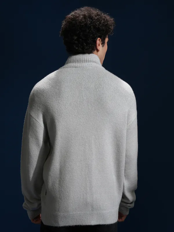 Highlander Men Grey Mock Collar Front-Open Sweater