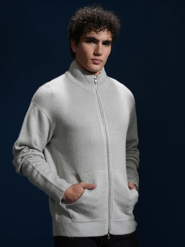 Highlander Men Grey Mock Collar Front-Open Sweater