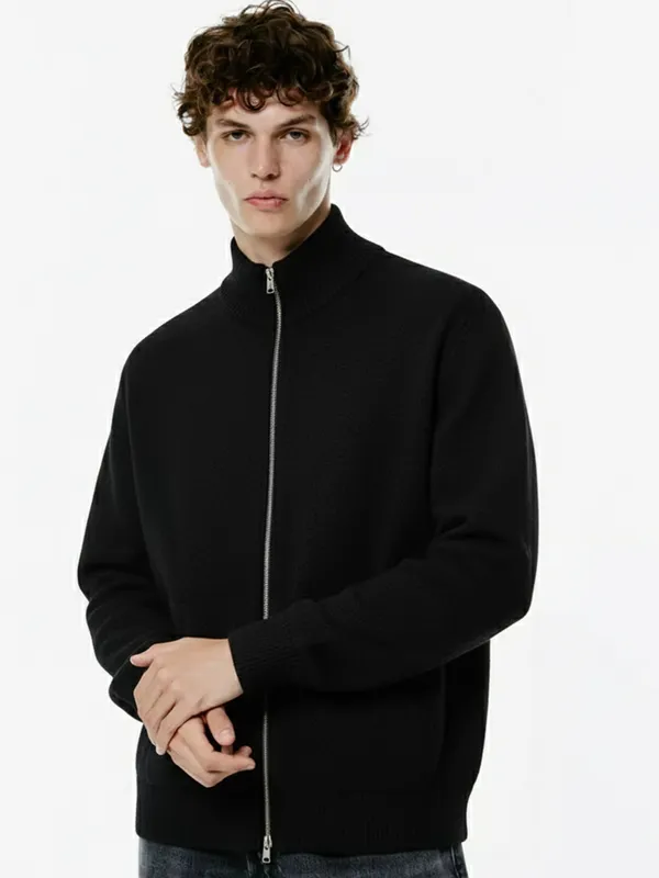 Highlander Men Black Mock Collar Front-Open Sweater