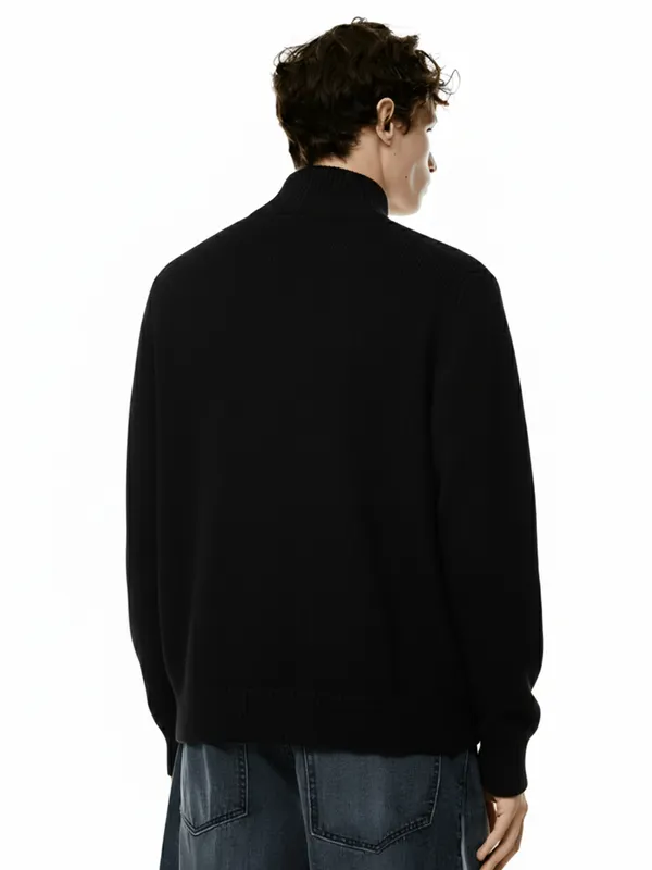 Highlander Men Black Mock Collar Front-Open Sweater