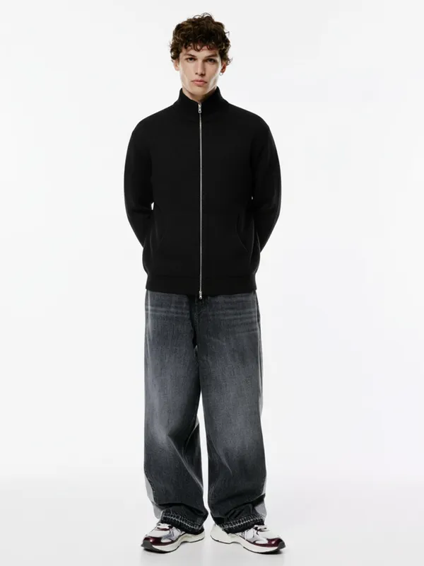 Highlander Men Black Mock Collar Front-Open Sweater