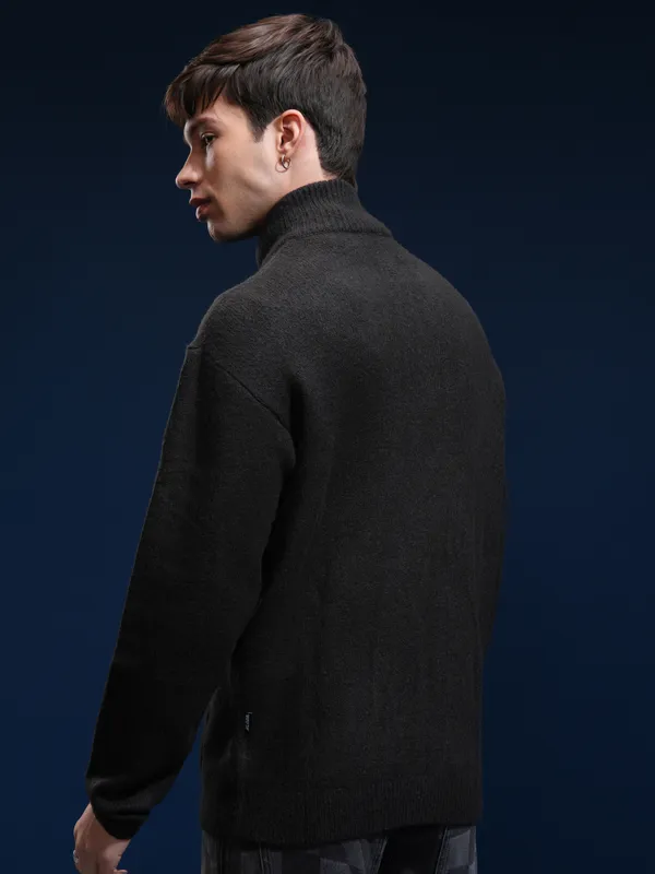 Highlander Men Black Mock Collar Front-Open Sweater