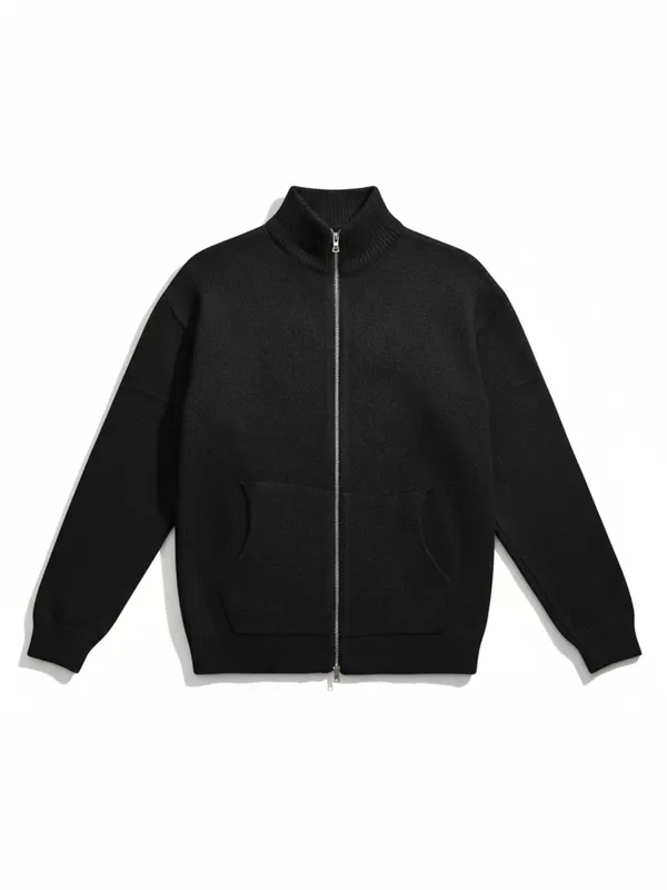 Highlander Men Black Mock Collar Front-Open Sweater