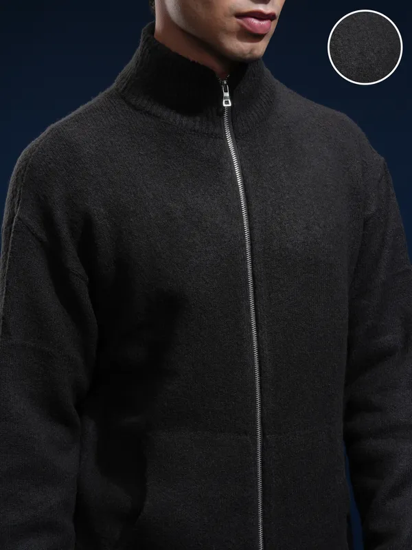 Highlander Men Black Mock Collar Front-Open Sweater