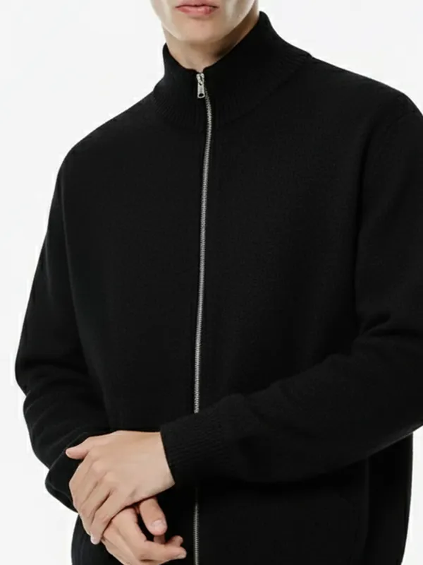 Highlander Men Black Mock Collar Front-Open Sweater