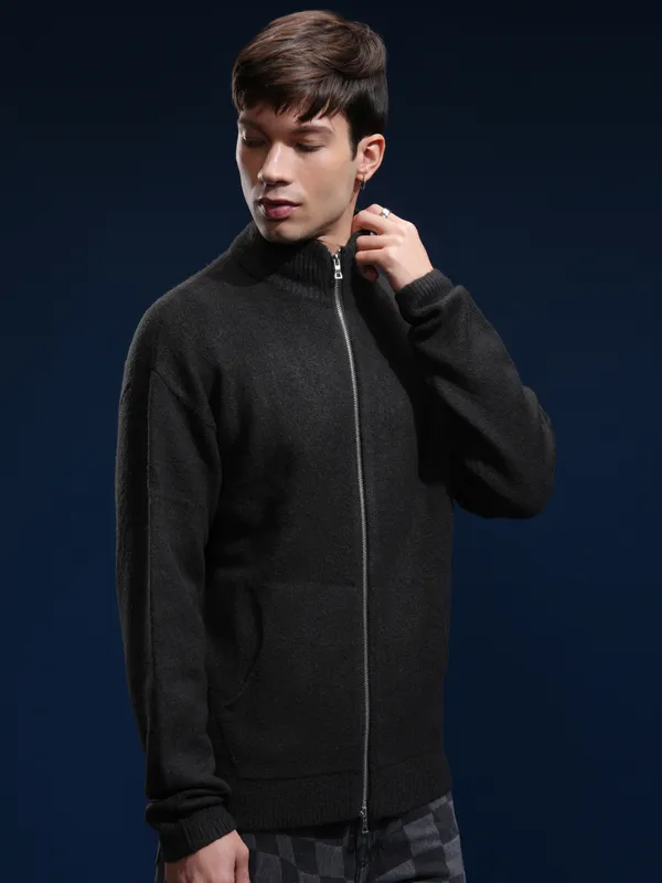 Highlander Men Black Mock Collar Front-Open Sweater