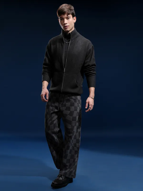 Highlander Men Black Mock Collar Front-Open Sweater