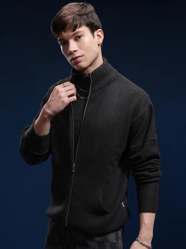 Highlander Men Black Mock Collar Front-Open Sweater